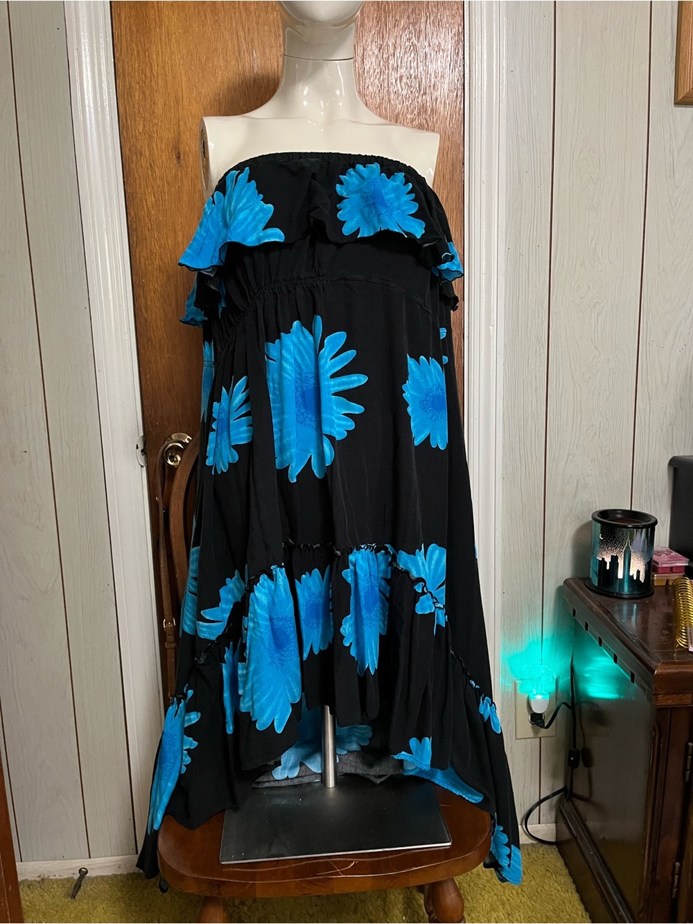 Strapless High Low Black Dress with Bright Blue Floral Print